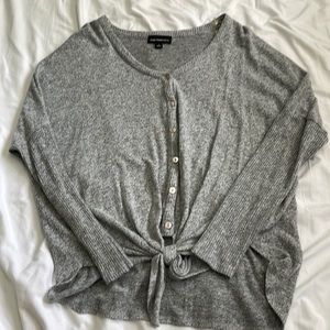 Grey Front Tie Button Down Sweater